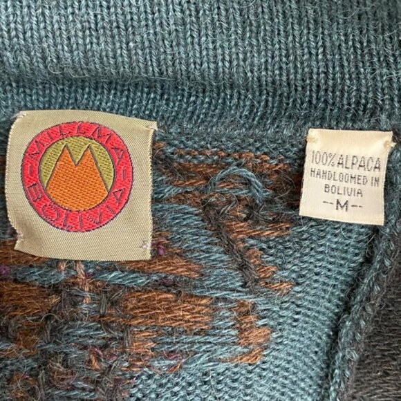 Vintage Millma Bolivia Teal Black Purple Hand Loomed Alpaca Oversized Cardigan M - Picture 3 of 16